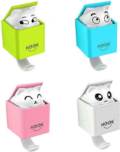LuoCoCo 4 Piezas Ganchos Adhesivos de Pared Animales, Creativo Gato Gancho Decorativos, Impermeable Toallero Ganchos para Baño Cocina Dormitorio Llaves, Ropa, Paraguas, Bufandas para Adultos y Niños