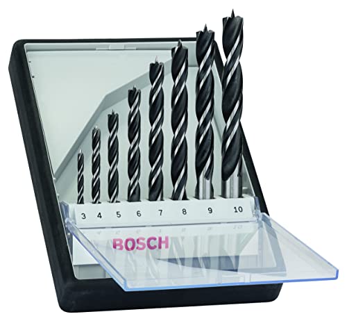 Bosch Professional 8 uds. Set de brocas para madera Brad Point (para madera blanda y dura, Ø 3-10 mm, accesorios para taladro y soporte para taladro)