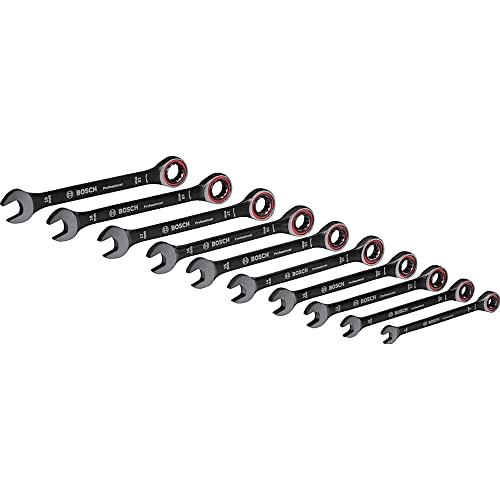 Bosch Professional Juego de 10 llaves combinadas con función de carraca, 8-19 mm, en estuche, Negro, Set 10 unidades