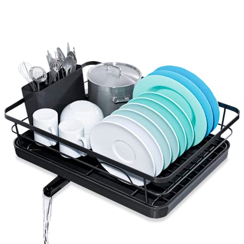 JUPPLIES Escurreplatos con Soporte para Utensilios Extraíble, Portavasos y Estante de Secado de Gran Capacidad - Escurridor de Platos con Boquilla de Drenaje Automático - Negro 14,6x37,5x28,5cm