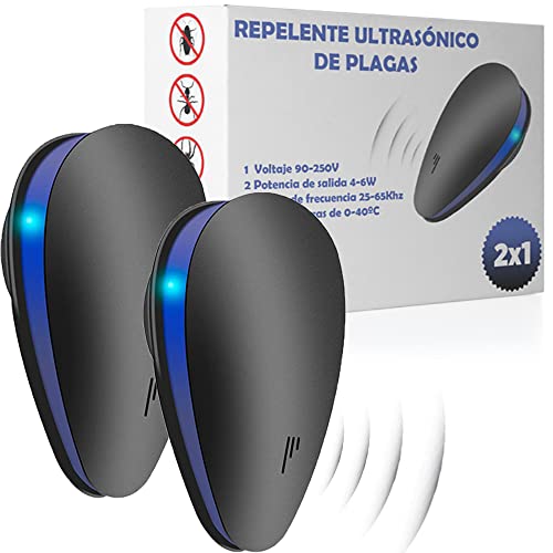 2 X 1 Repelente Ultrasonico, Repelente Ultrasónico de Plagas, Ahuyentador contra Ratas, Cucarachas, Moscas, Mosquitos, Hormigas, Arañas, Anti Plagas de Gran Alcance, Repelente Negro 2023 (PACK).