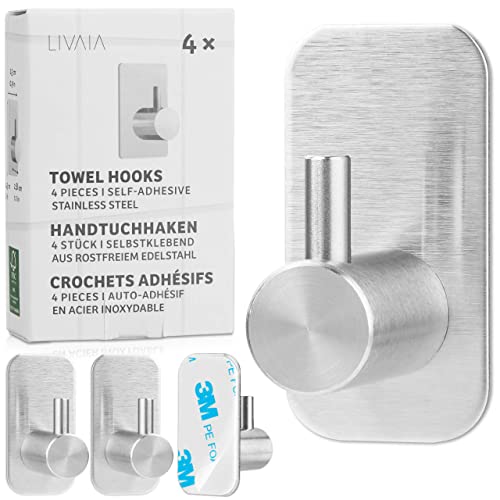LIVAIA Colgador de puerta adhesivo: 4 percheros para toallas de acero inoxidable - perchas de baño para colgar - colgadores de pared autoadhesivos, toallero sin taladro, ganchos adhesivos para llaves
