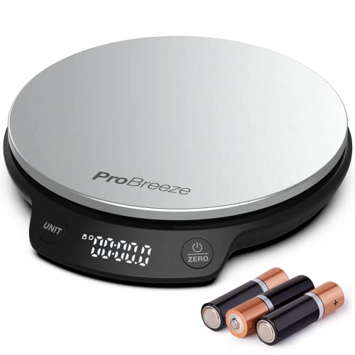Pro Breeze Báscula de Cocina Digital de Acero Inoxidable. Balanza cocina de Alta Precisión 5Kg/ 11lbs, Peso de Cocina Multifuncional (gr/ml/fl oz/lb oz) - 3 Pilas AAA Incluidas