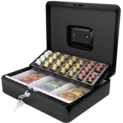 Caja Fuerte Portátil - Grande, Con portamonedas - Caja metálica con llave, Caja caudales, Caja dinero, Caja de caudales - Negro - ACROPAQ
