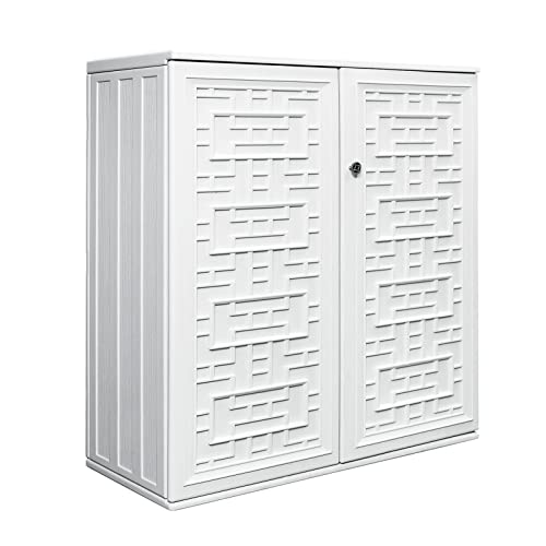 ADDOK Armario de almacenamiento de 60 galones de resina ligera para interiores y exteriores, unidad de almacenamiento para patio, jardín, porche con 1 estante laminado (blanco marfil)