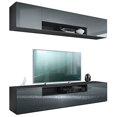 Vladon Mueble de Pared Mogan, Cuerpo en Negro Mate/Frentes en Gris de Alto Brillo