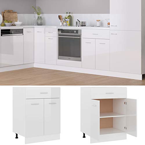 Festnight Armario Inferior Cajón Cocina, Mueble Bajo de Cocina con Estantes y Cajón, Módulos de Cocina, Armario Bajo de Cocina 60x46x81,5 cm Blanco con Brillo
