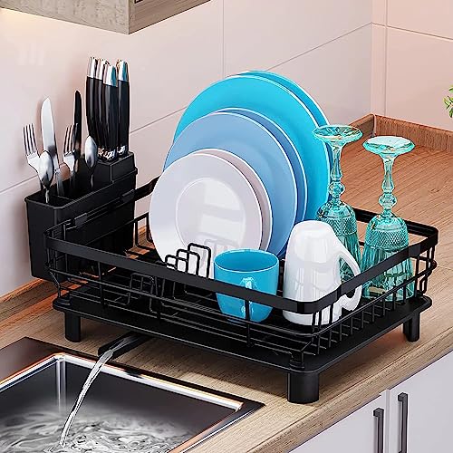 JUPPLIES Escurreplatos con Soporte para Utensilios Extraíble, Portavasos y Estante de Secado de Gran Capacidad - Escurridor de Platos con Boquilla de Drenaje Automático - Negro 14,6x37,5x28,5cm