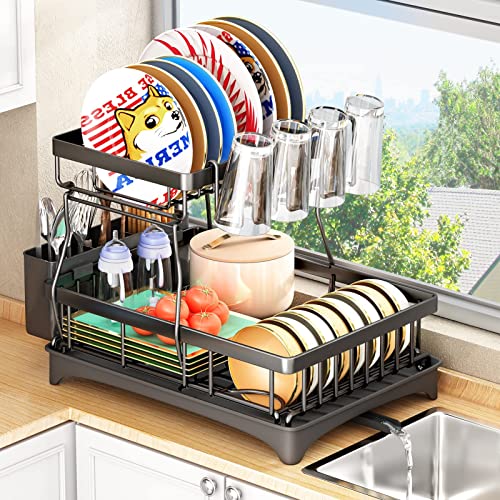 Teklemon Escurreplatos - Escurridor de Platos Desmontable de 2 Niveles - Organizador de Escurridor de Platos de Gran Capacidad con Bandeja Goteo - Escurreplatos para Mostrador de Cocina