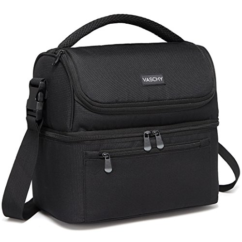VASCHY Bolsa Térmica Porta Alimentos, Bolsa Comida Trabajo Bolsa Almuerzo Bolsa Isotermica Nevera Portatil con Dos Compartimentos y Correa Ajustable para Picnics, Playa, Camping, 13,4 L, Negro