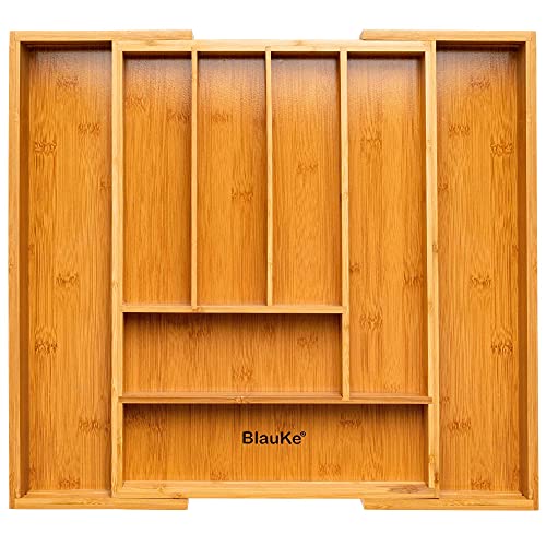 BlauKe® Bandeja de Cubiertos para Cajón | Organizador del Cajón Extensible de Madera | Cuberteros para Cajon Extensible | Cubertero de Bambú para Cajon de Cocina | Bandeja Cubiertos de Madera Bambú