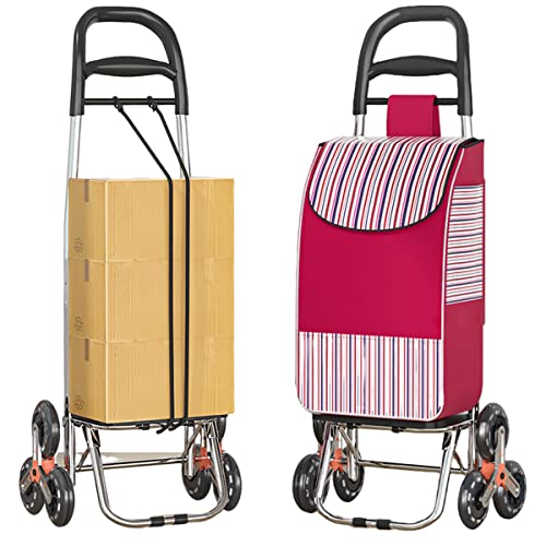 Carro de la Compra con 6 Ruedas para Subir Escaleras, Carrito de la Compra Plegable, Bolsa Impermeable de 45 L, Sobrecarga de 90 kg para Ahorrar Mano de Obra (Red)