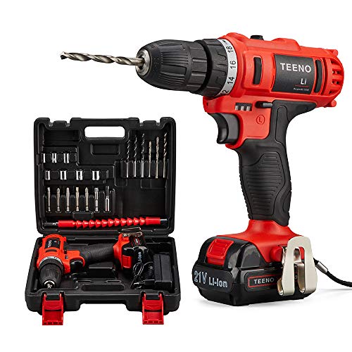Teeno - Taladro atornillador a batería de 21 V - 2 velocidades - 1 Batería de litio de 1,5 Ah - Carga rápida en 1 hora - 20 accesorios incluidos (Taladro de 1 batería)