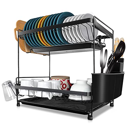 Myiosus Estante de Secado de Platos, Escurridor de Platos de 2 Niveles, Escurreplatos de Cocina con Bandeja de Goteo, Soporte de Taza, Soporte para Cubiertos, Negro