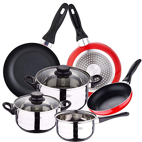 San Ignacio PK2356 Batería de cocina 5 piezas acero inoxidable y set 3pcs sartenes rojo, aluminio prensado, inducción, 16/20/24 xm