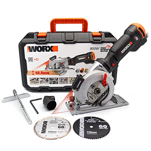 Sierra circular WorxSaw XL 46mm, 800W Worx | WX437 | Guía láser, sistema de aspiración integrado, rápido ajuste de profundidad, cambio de disco sencillo