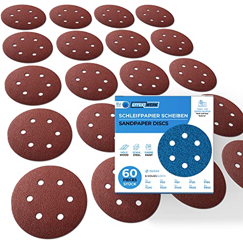 EFFEKTWERK Papel de lija 150 mm Velcro - 60 piezas - Discos de lija de 150 mm para lijadoras excéntricas - 150 mm Velcro - 6 agujeros - Grano 6x P40 P60 P80 P120 P180 P240 P320 P400 P600 P800