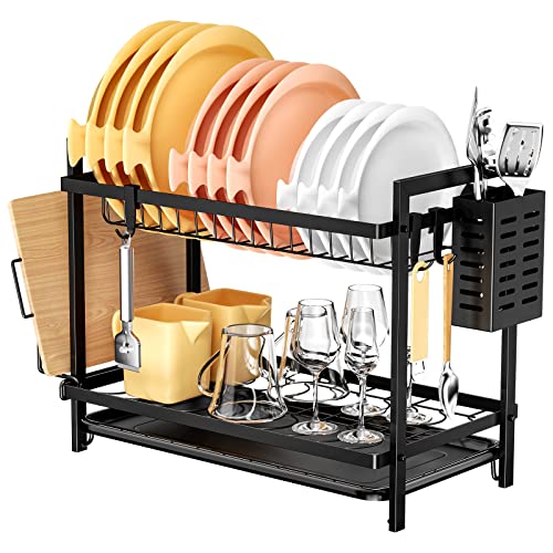 Fousenuk Escurreplatos sobre Fregadero de 2 Niveles, Escurridor de Platos Negro, Escurridor Platos Grande, Escurridor de Platos para Fregadero, Escurre Platos con Bandeja Recogegotas y Portacubiertos