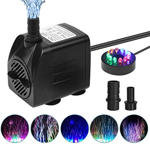 flintronic Mini Bomba de Agua Sumergible, 12 LED Luces con 4 Colores Cambiantes 2 boquillas, 15W/1.5m Bomba de Acuario para Piscinas Pequeñas, Tanques de Peces de Acuario, Fuente -Enchufe de la EU