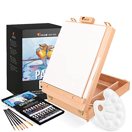 Zenacolor Caballete Pintura de Madera, 18 Tubos de Pintura Acrilica, 6 Pinceles Pintura, Lienzo para Pintar 24x30cm, Espátula y Paleta Pintura