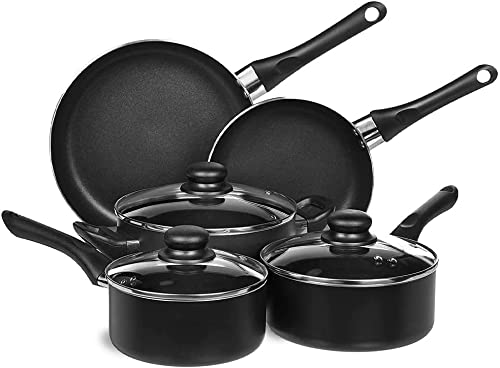 FLASHPRIX Bateria de Cocina de 8 piezas. Juego de Ollas y Sartenes Completo: 2 Sartén 2 Cazo 1 Cacerola 3 Tapas de Cristal. Aluminio con mangos de Baquelita