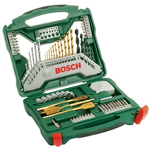 Bosch 70 uds. Set de brocas y puntas de atornillar X-Line de titanio (para madera, mampostería y metal, incluye cinta métrica y brocas fresadoras planas, accesorios para taladro y destornillador)