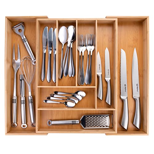 Alpina Cubertería extensible - 46 x 34-56,5 x 6 cm - 6 a 8 compartimentos - Material de bambú ecológico