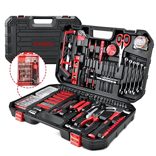 Sundpey Caja Herramientas Completa 300 Piezas - Juego Herramientas Completa Caja Herramientas Portátil con Llave de Trinquete Vasos Destornilladores Precisión Para Hogar o Garaje-Rojo