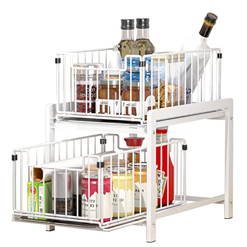 YunNasi Almacenaje Bajo Fregadero 2 Niveles Organizador con cestas deslizantes Especiero con 2cajones Acero Inoxidable Organizador para Cocina,Baño,Oficina (Regular, BlancoBlanco)