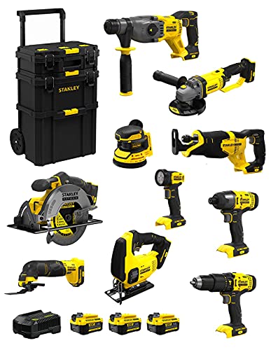 STANLEY FatMax Kit SVK1001 (SFMCH900 + SFMCG400 + SFMCD711 + SFMCF800 + SFMCS500 + SFMCS600 + SFMCW220 + SFMCS300 + SFMCE500 + SFMCL020 + 3 Baterías de 4,0 Ah + Cargador + Carro 3en1)