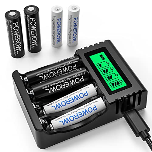 POWEROWL Cargador Rápido de Pilas con 4* AA 2800mAh Pilas Recargables y 4*AAA 1000mAh Ni-MH Baterías Recargables
