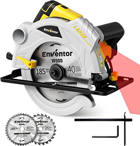 ENVENTOR Sierra Circular 1500W, Sierra Circular de Mano 5500RPM, Guía Láser, Motor de Cobre Puro, 2 Hojas de Sierra de 24T+40T(Ø185mmx20mm), Corte 65mm(90°)/43mm(45°), Ideal para Cortar Madera