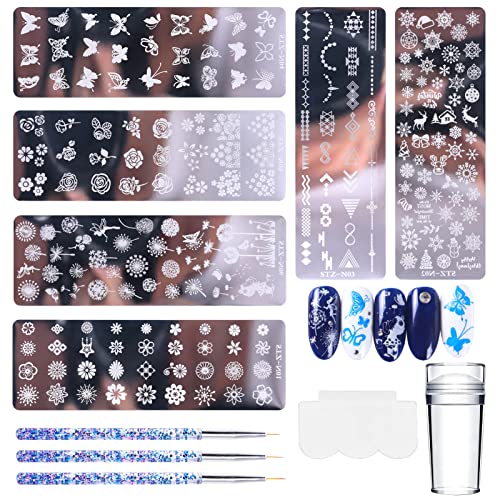 Stamping Para UñAs 11 Pcs Nail Art Stamping Plates Con 1 Sello Transparente 1 Rascador De UñAs Cepillo De UñAs Placas Estampacion UñAs Plantillas UñAs Para Nail Diy Plantillas UñAs Decoracion