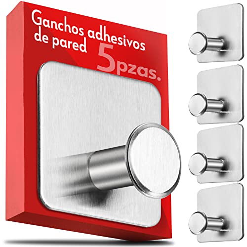 4smile Ganchos adhesivos para pared - juego de 5, acero inoxidable - colgador pared + almohadillas adhesivas 3M - colgadores adhesivos resistentes