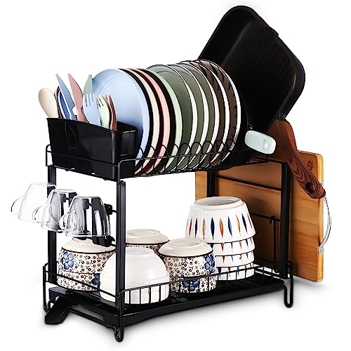 Birshe Estante de Secado de Platos, 2 Niveles Escurreplatos con Bandejas de Goteo, Soporte de Cubiertos, Soporte para Tabla de Cortar, Escurre Platos Armarios con Función de Drenaje Automático