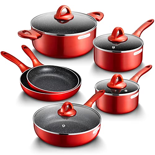 Fadware Juego de ollas y sartenes de inducción, juego de utensilios de cocina antiadherentes de 10 piezas, asas que se mantienen frías, juegos de cacerola de cocina y sartén, rojo
