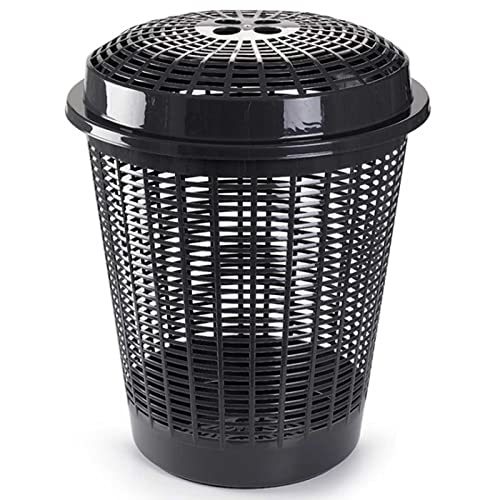Tradineur - Cesto Redondo, pongotodo para Ropa Sucia con Tapa, Cubo para almacenar la Colada, diseño a Rayas, hogar (Gris Oscuro, 50 litros, 57,5 x 45,7 cm)