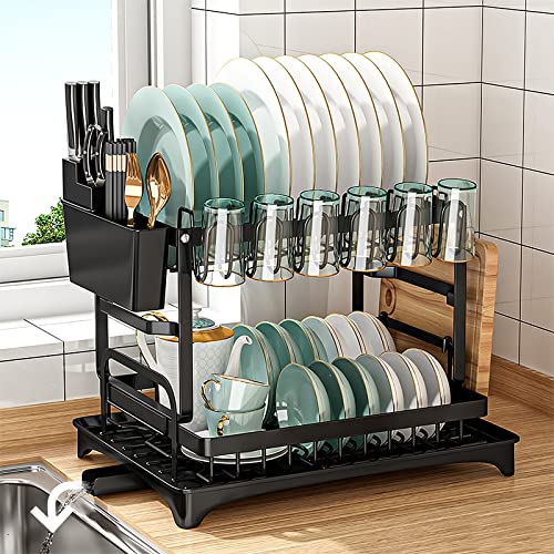 Frasheng Escurreplatos Acero Inoxidable Cocina,Alta Capacidad Escurridor Platos,Escurreplatos Cocina en el Segundo Piso con Cesta De Cubiertos,Escurre Platos Armarios para el Drenaje Rápido,Negro