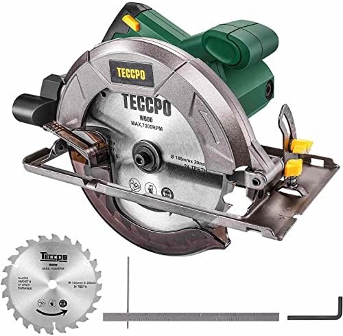 Sierra Circular, TECCPO Profesional 1200W 5800RPM Sierra Circular Eléctrica, con Hoja de 185 mm 24 Dientes, Profundidad de Corte 63 mm (90°), 45 mm (45°), Guía de Metal, Motor de Cobre Puro -TACS22P