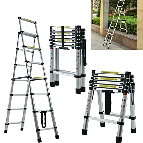 Escalera telescópica de Aluminio de 2m – 2,3m, Escalera telescópica de 6 + 7 peldaños, Escalera Multiusos, Escalera Extensible Ligera, Escalera doméstica, Escalera desván, 150kg de Capacidad de Carga