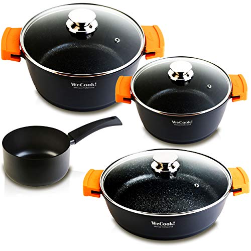 WECOOK EcoChef Titanio Batería Cocina Inducción 4 Piezas Aluminio Fundido Antiadherente QuanTanium + Piedra sin PFOA, Set Cazuelas Tapas Cristal, Asas Silicona, 5mm Espesor, Vitrocerámica, Gas