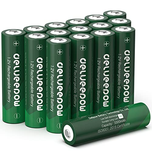 Delyeepow Pilas Recargables AA, Alta Capacidad 3300mAh 1.2V 1200 Ciclos de Pilas AA Recargable NI-MH Baja Autodescarga (16AA-Green)