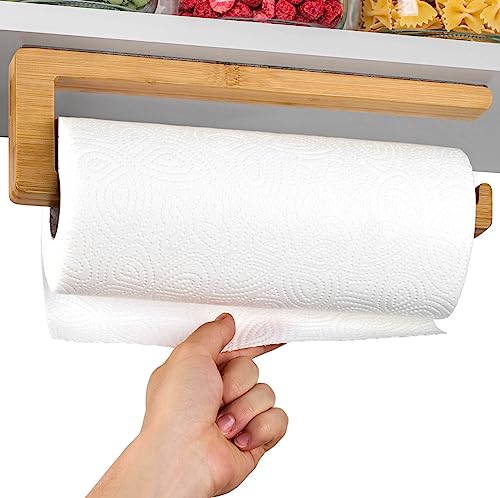 Portarrollos de Cocina Adhesivo de Madera de Bambú FSC - Ahorra Espacio - Sujeción Firme - Montaje Rápido sin Taladrar - Para todo tipo de Papel de Cocina