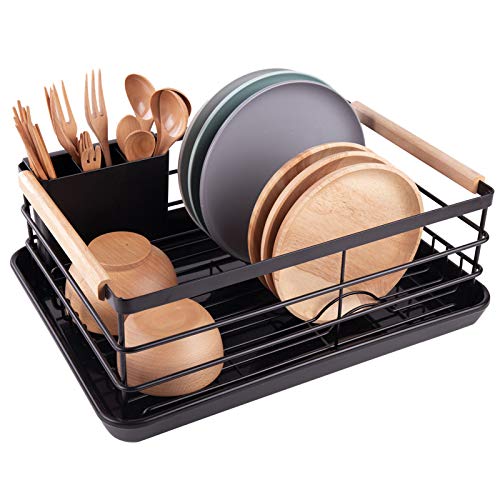BRIAN & DANY Escurreplatos con Mango de Madera, Escurridor de Platos, Soportes para Platos, 42 x 30 x 15 cm, Negro