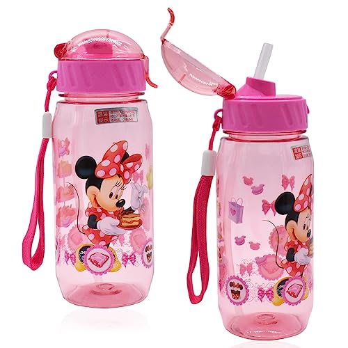 Babioms Botella de Agua con Pajita, Minnie Botellas de Agua para Niños, para Colegio, Camping,Deportes Exteriores, Botella Infantil（450ml）