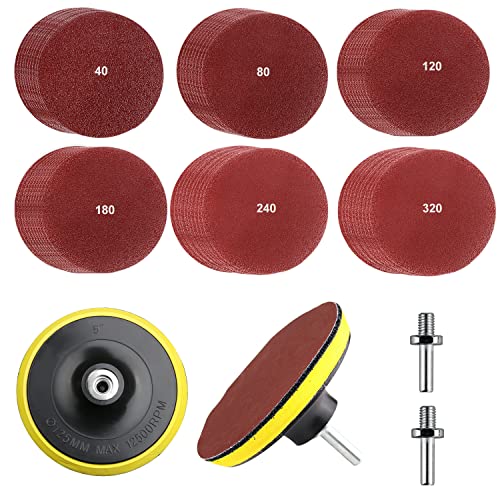 60 Piezas Papel Lija, Hojas de Lija 40/80/120/180/240/320 Granos, Lijas 125mm Velcro, para Discos Para Pulir Lijas Pared Lija Taladro, Traer 2 Discos Autoadhesivos + 2 Piezas Bielas