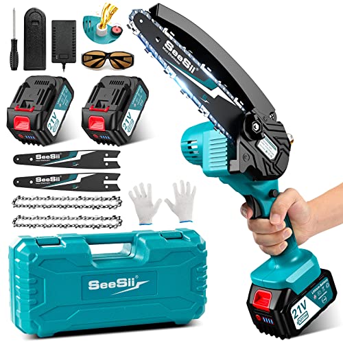 Seesii 6'' Mini Motosierra Eléctrica con Depósito Para El Aceite y 2 baterías 4000mAh, Motosierra Inalámbrica Portátil para Podar Árboles de Jardinería, CH600+