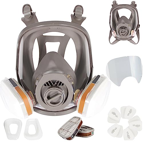 Máscara respiradora de cara completa 25 en 1, utilizada para vapor y polvo orgánicos, mascara pintura con dos tipos de conectores, cubierta de lente de 10 piezas incluida, respirador de gas con filtro