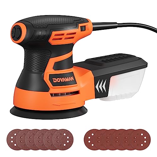 DOVAMAN ROS01A 350W Lijadora Orbital, 6 Velocidades, 13000 RPM, 12 Hojas de Papel de Lija, Disco de 125 mm, Recogida de Polvo, Lijadora Eléctrica Ideal para Superficies de Madera y Acero - Naranja