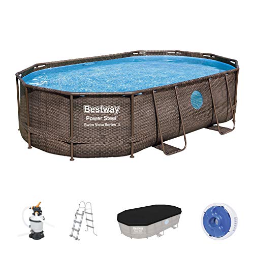 Bestway Power Steel Swim Vista Series - Juego Completo de Piscina Ovalado con Filtro de Arena, Escalera de Seguridad y Lona (488 x 305 x 107 cm)